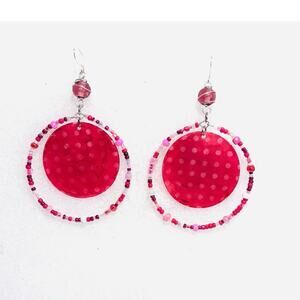 Handmade Glass Beaded Pink Capiz shell accented Mega Hoop Earrings 3 inch